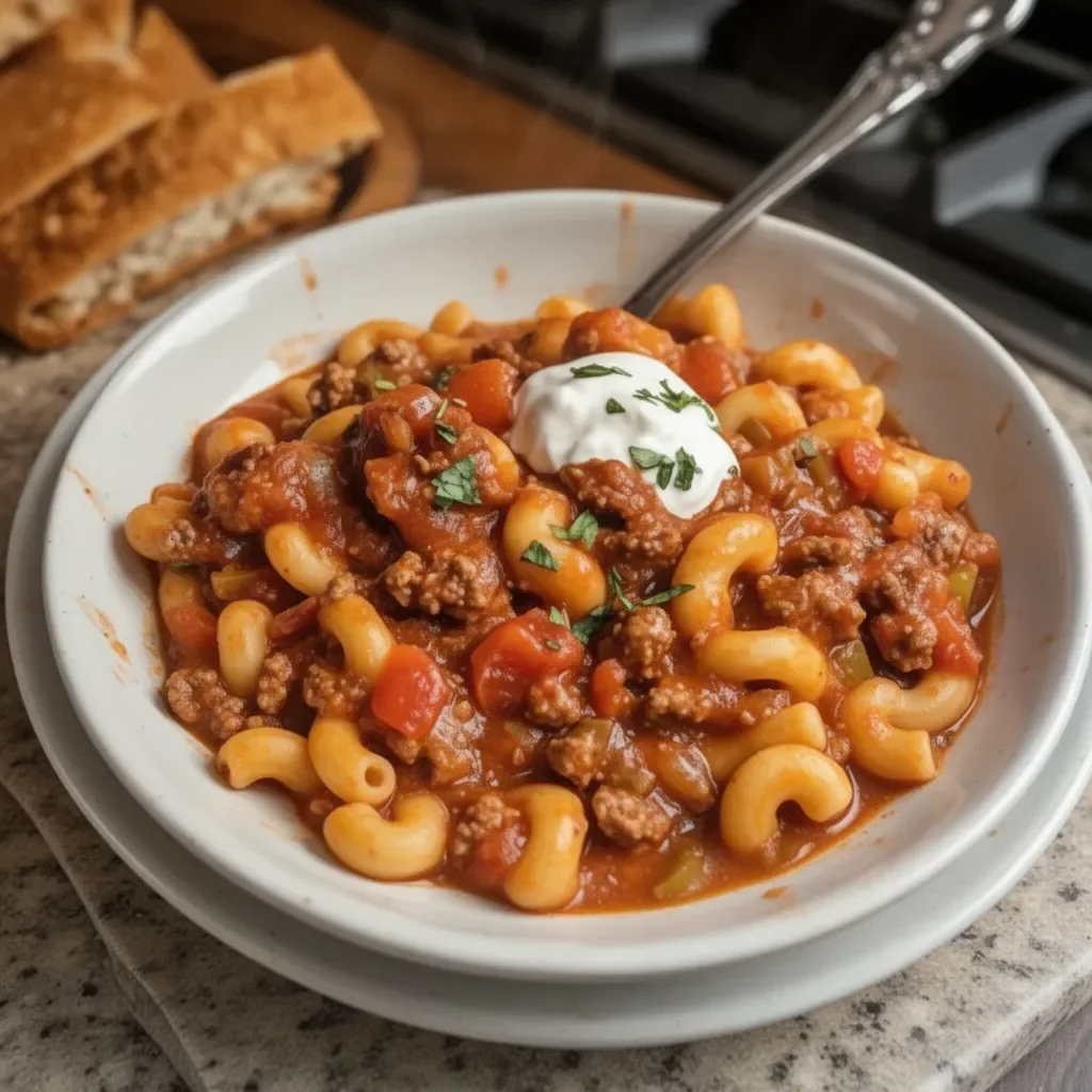 Delicious bowl of Bobby Flay's goulash featuring pasta, beef, and spices