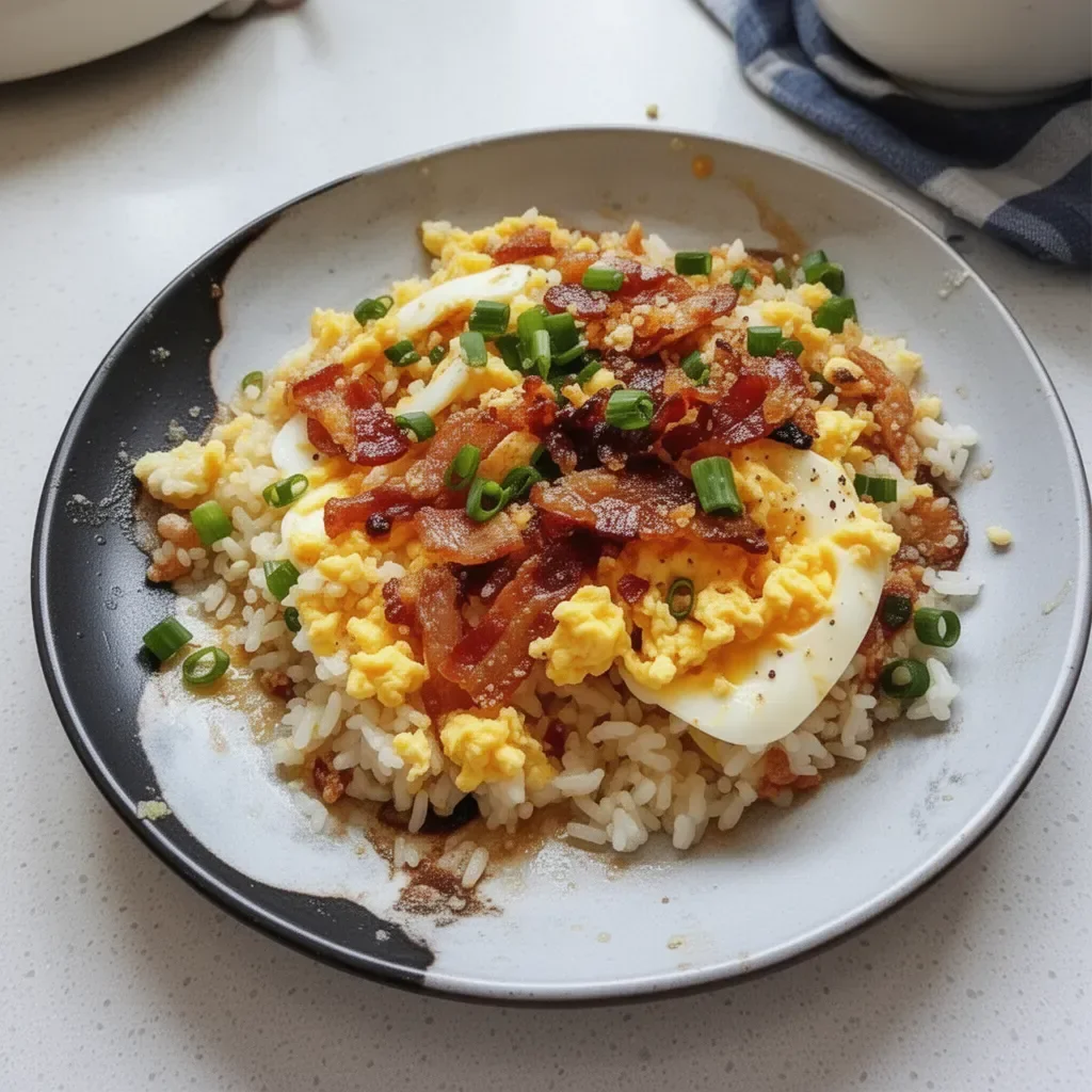 A delicious plate of breakfast fried rice garnished with vegetables and eggs.