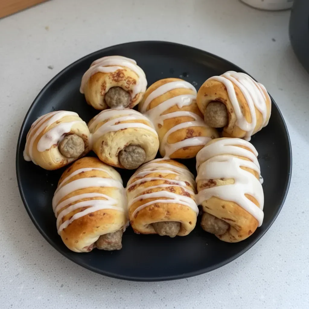 Plate of breakfast pigs in a blanket served with dipping sauce