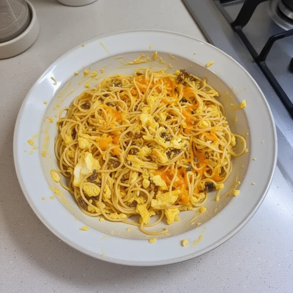 A delicious plate of breakfast spaghetti topped with eggs and herbs