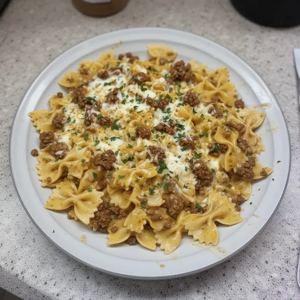 Cajun Cream Cheese Alfredo Bowties topped with spiced ground beef
