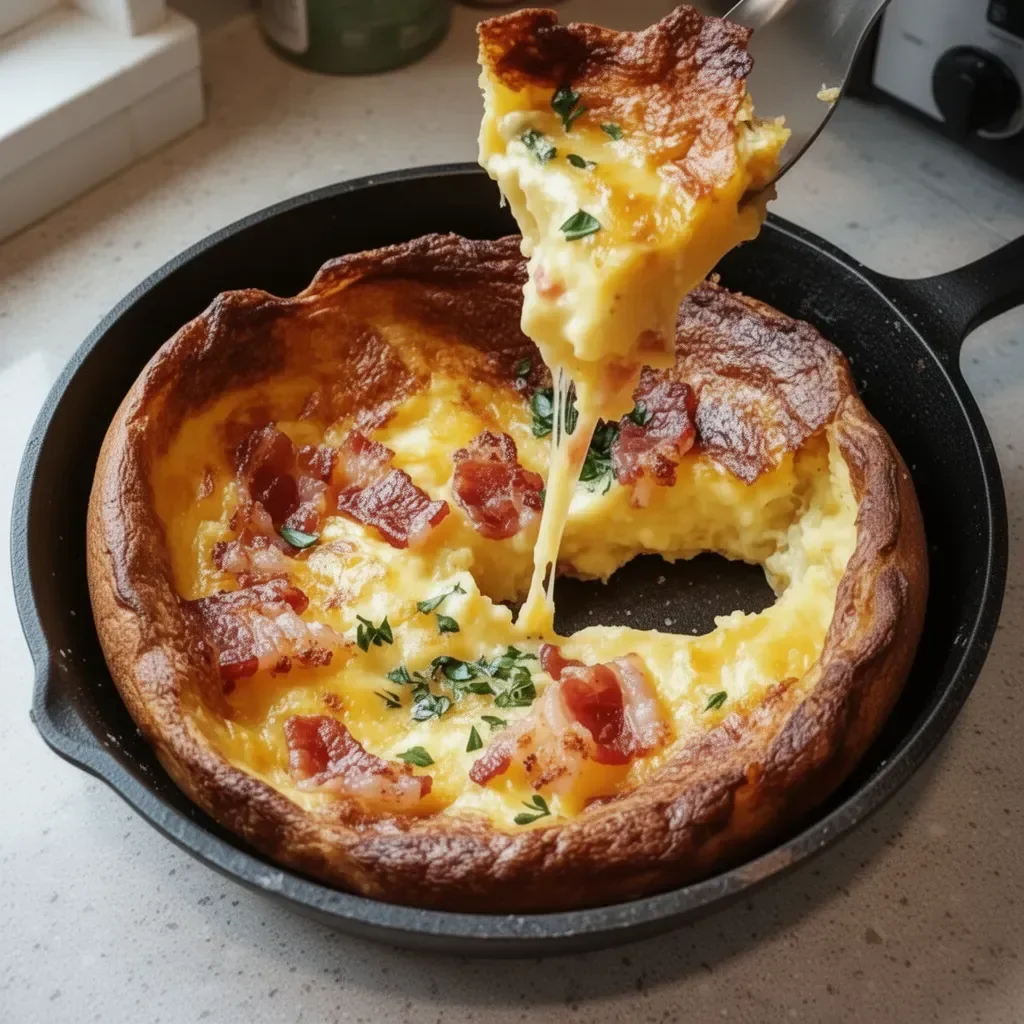 Savory Cheddar Bacon Dutch Baby served on a rustic wooden table