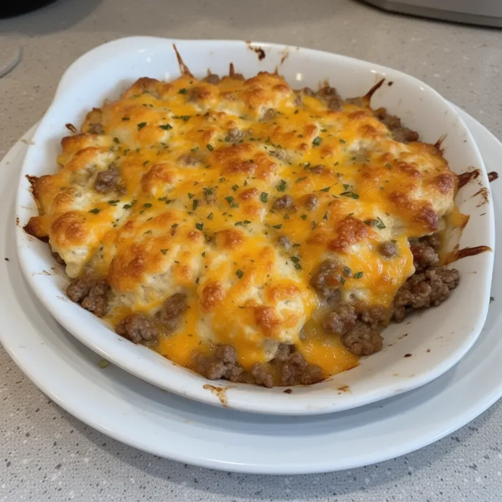 Cheddar Bay Hamburger Casserole served in a dish with melted cheese topping