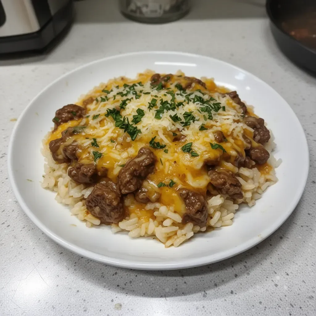 Cheesy Garlic Butter Beef and Rice Skillet served in a frying pan