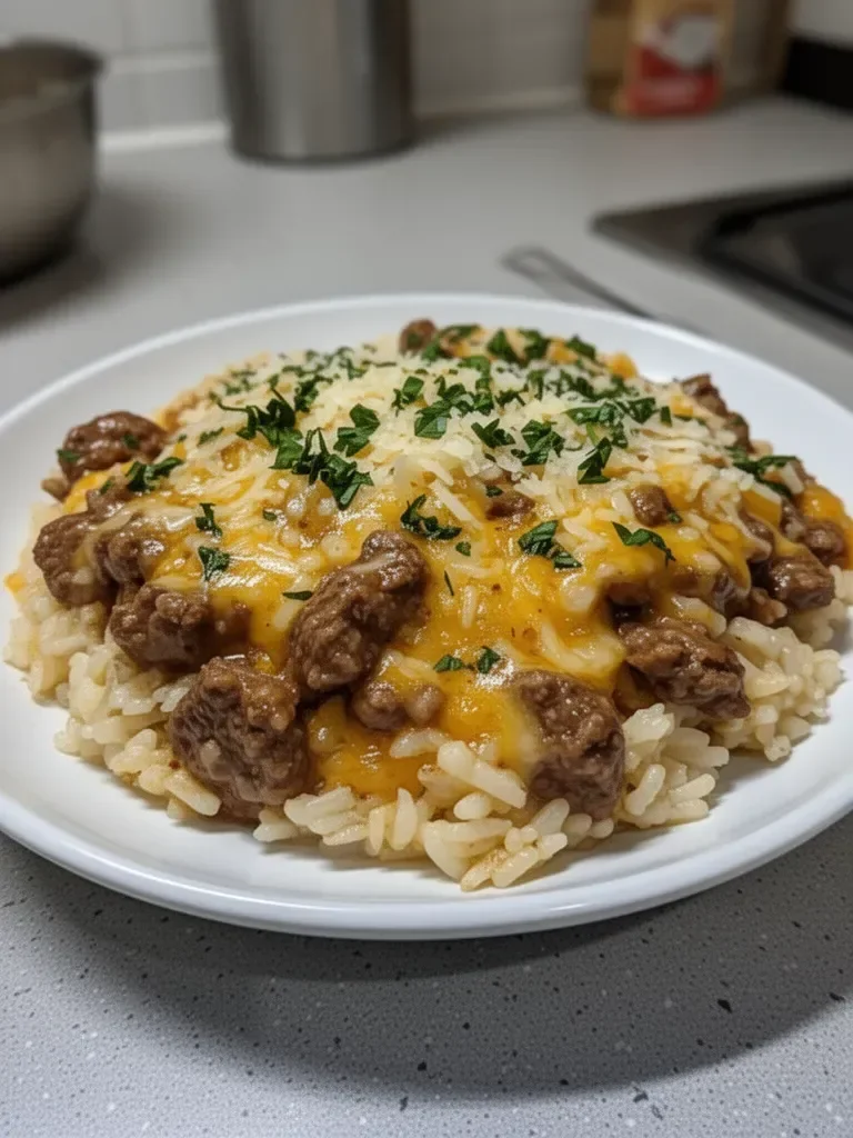 Cheesy Garlic Butter Beef and Rice Skillet