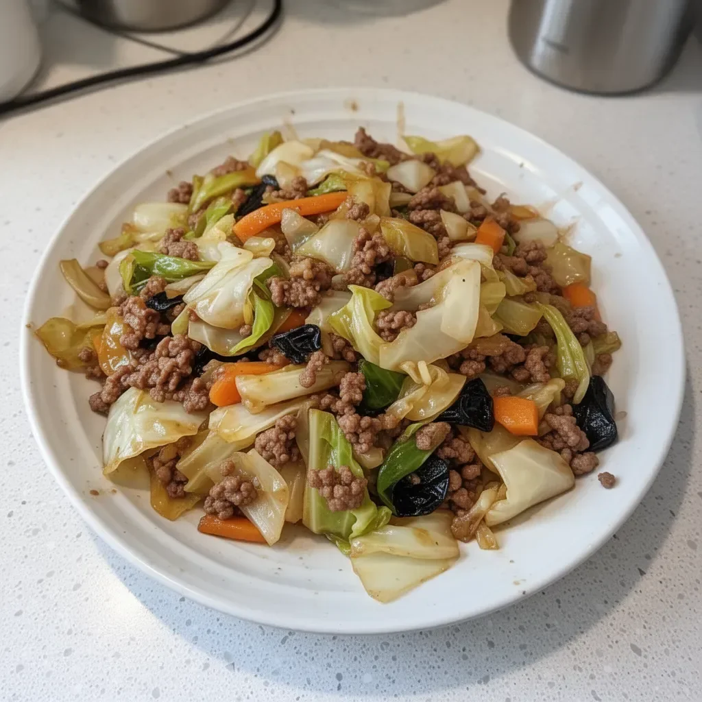 Plate of Chinese ground beef and cabbage stir-fry, a delicious meal option.