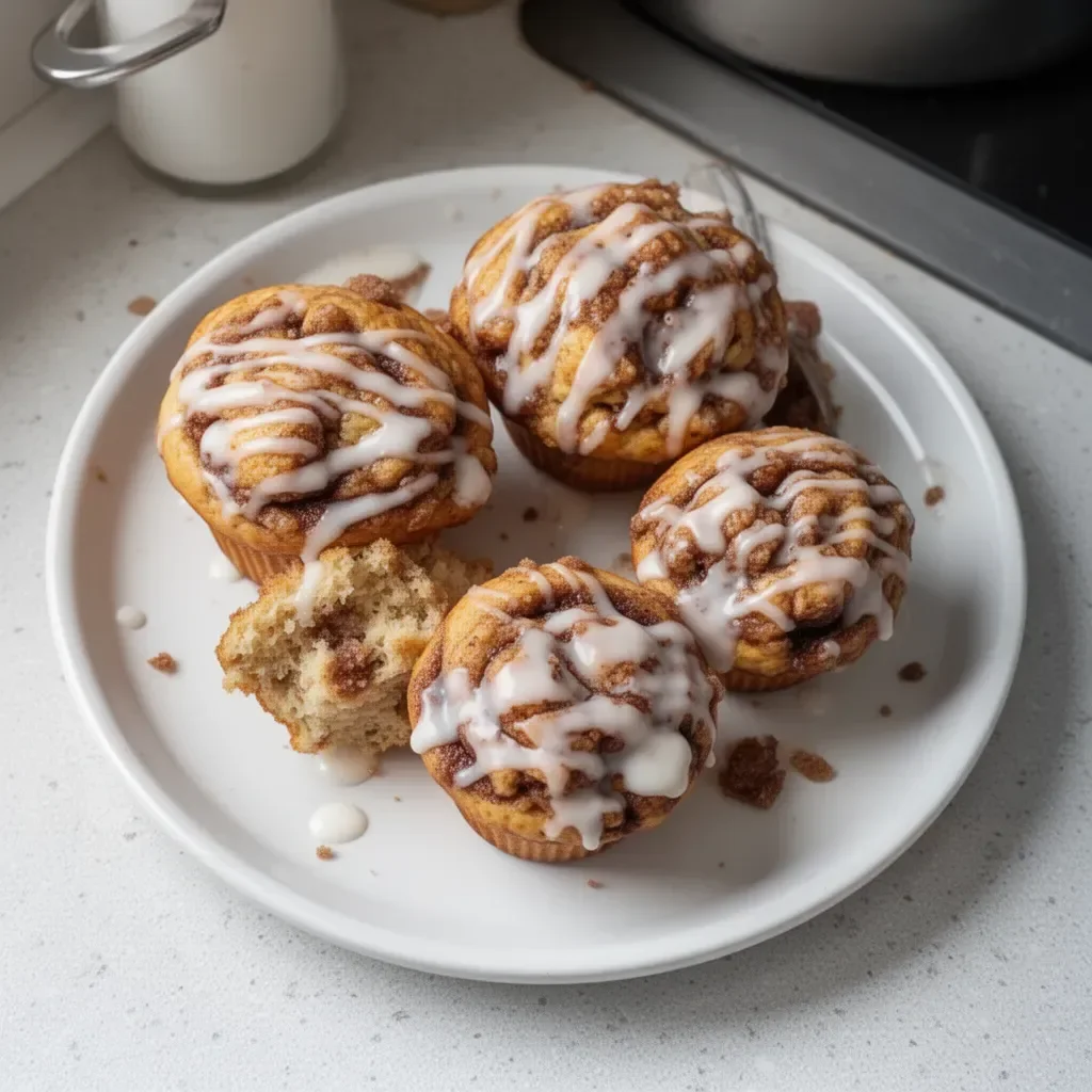 Delicious cinnamon roll muffins with icing on a plate