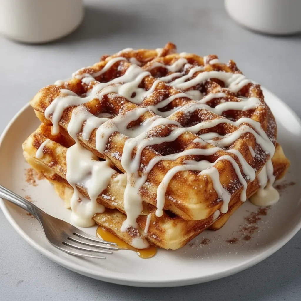 Delicious cinnamon roll waffles with cream cheese icing