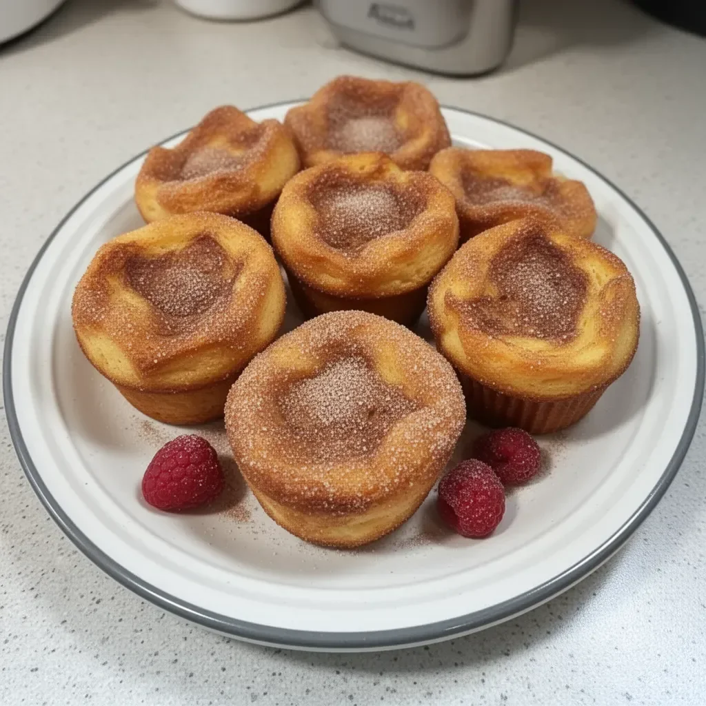 Cinnamon Sugar French Toast Muffins topped with buttery cinnamon sugar.
