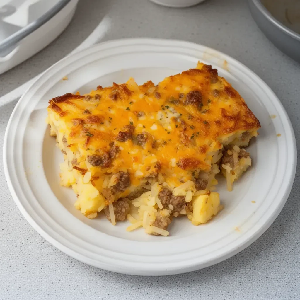 Classic breakfast hashbrown casserole baked to perfection with cheese and spices.
