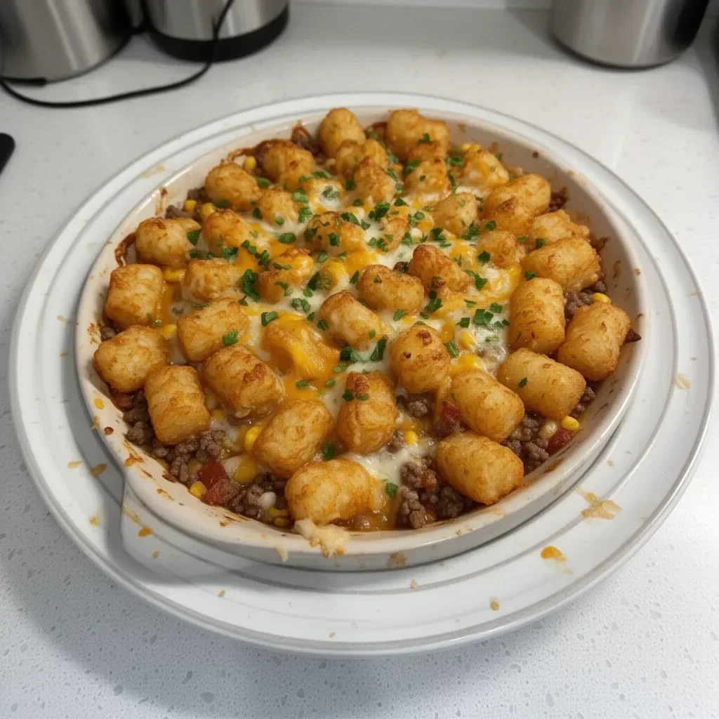 Cowboy Beef Tater Tot Casserole with layers of beef and crispy tater tots