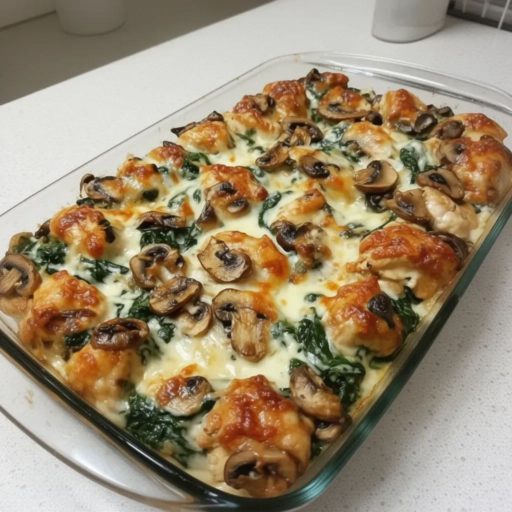 Creamy low carb chicken spinach and mushroom bake dish served in a casserole dish.
