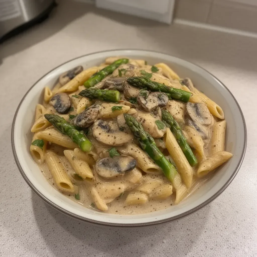 Creamy mushroom chicken with asparagus and penne pasta in a bowl