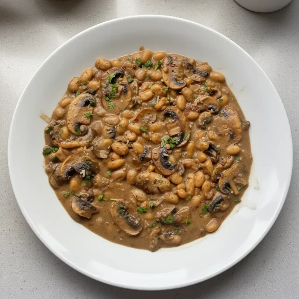 Creamy mushroom bean stroganoff served in a bowl with fresh herbs