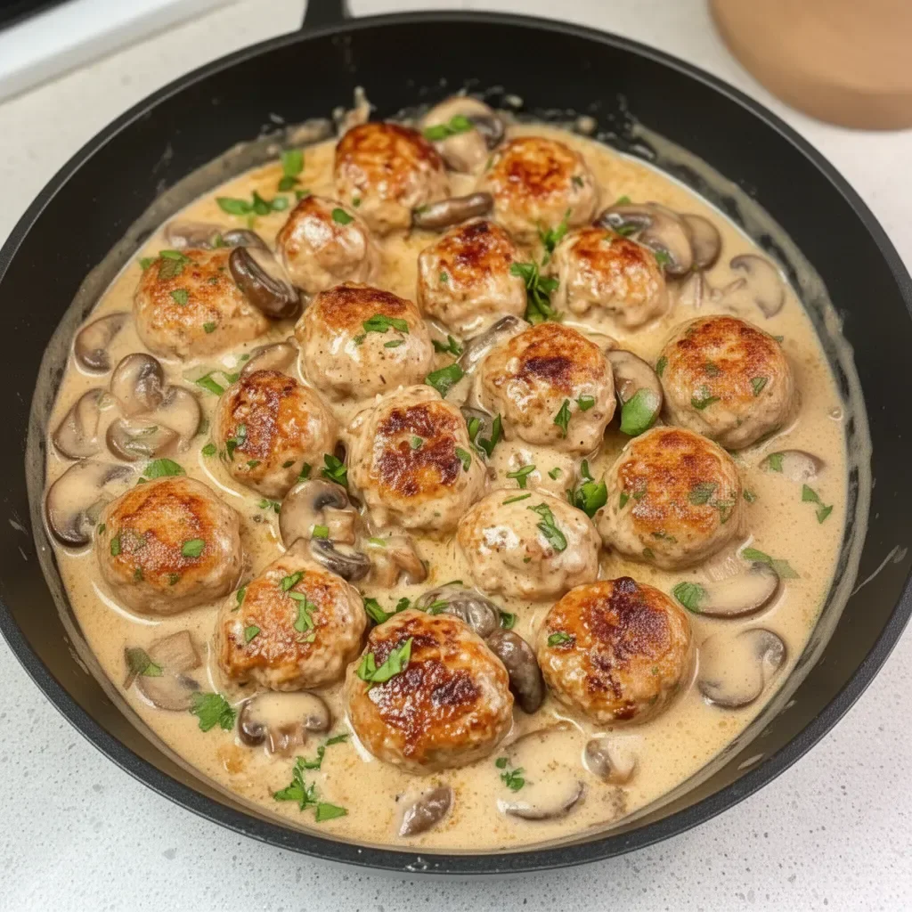 Creamy mushroom chicken meatballs served with a rich sauce