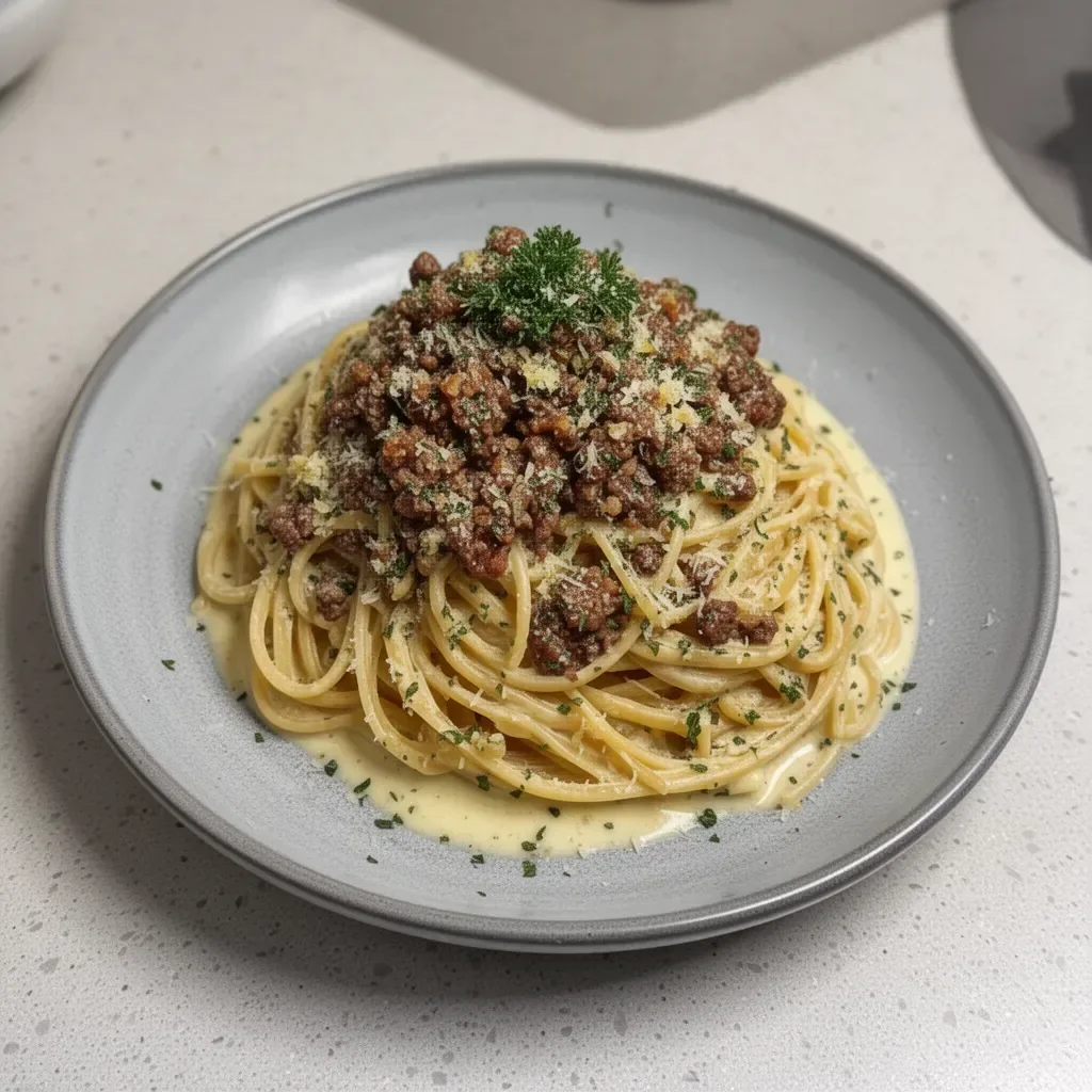 Creamy Parmesan Beef Linguine with Garlic Butter Sauce served on a plate