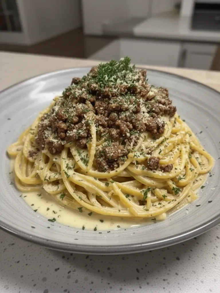 Creamy Parmesan Beef Linguine with Garlic Butter Sauce