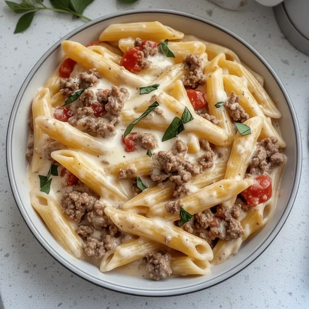 Creamy Rotel pasta with ground beef in a bowl, ideal for weeknight dinners.