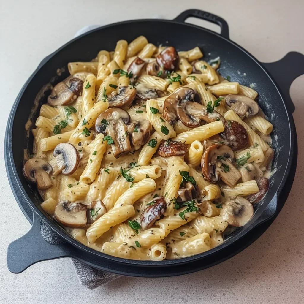 Creamy Tuscan mushroom pasta skillet with fresh herbs and cheese