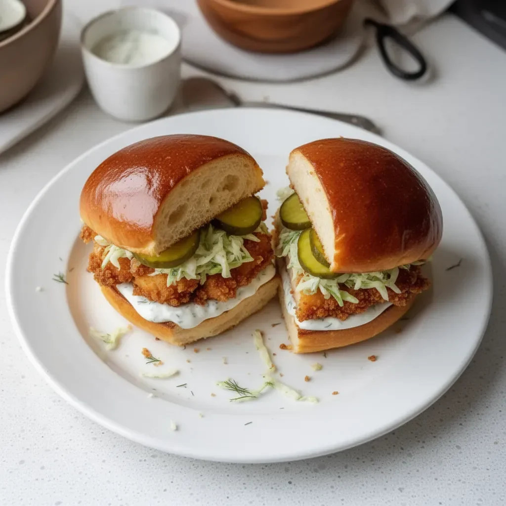 Crispy dill chicken sandwich served with fresh toppings and sides