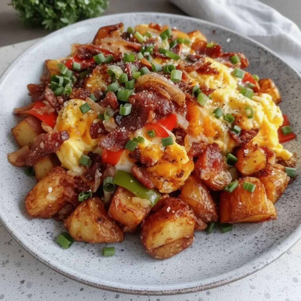 Crispy loaded breakfast hash with potatoes and bacon served in a bowl