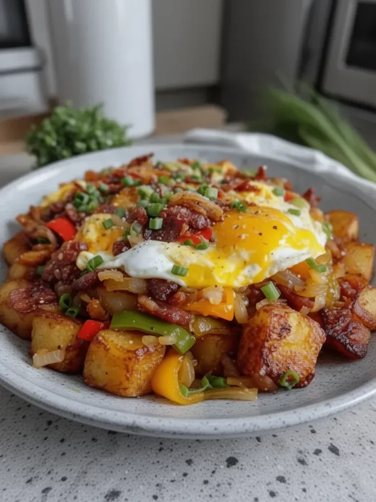 Crispy Loaded Breakfast Hash with Potatoes and Bacon