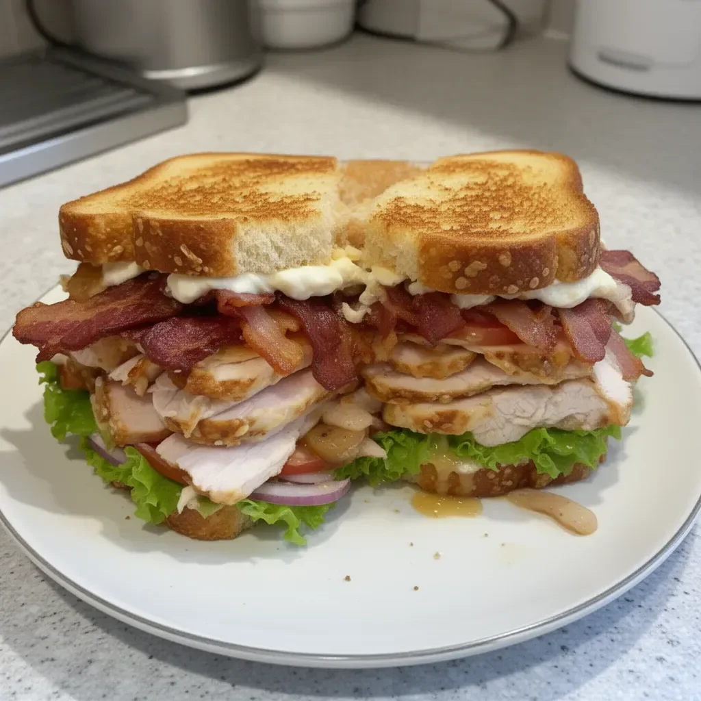 Crispy Ultimate Club Sandwich with layers of turkey, bacon, lettuce, and tomatoes.