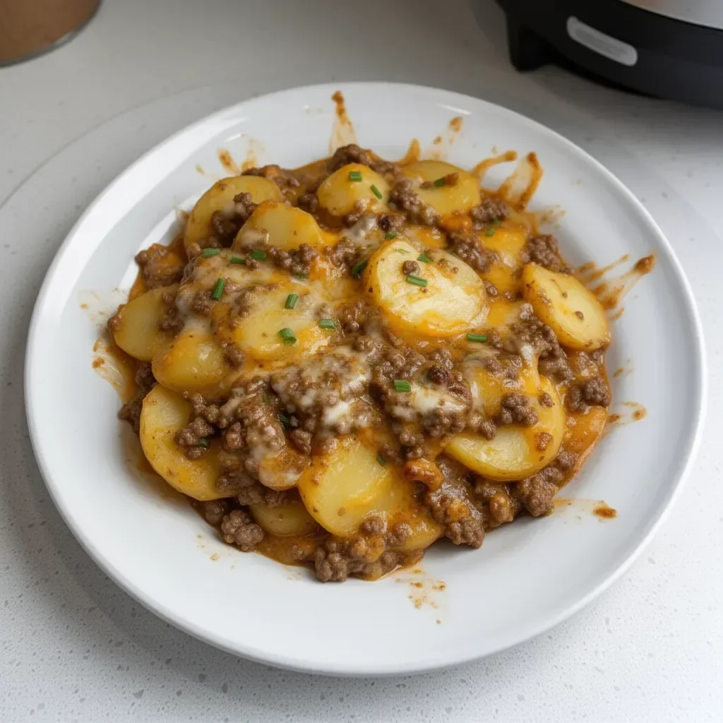 Delicious crockpot hamburger potato casserole ready to serve