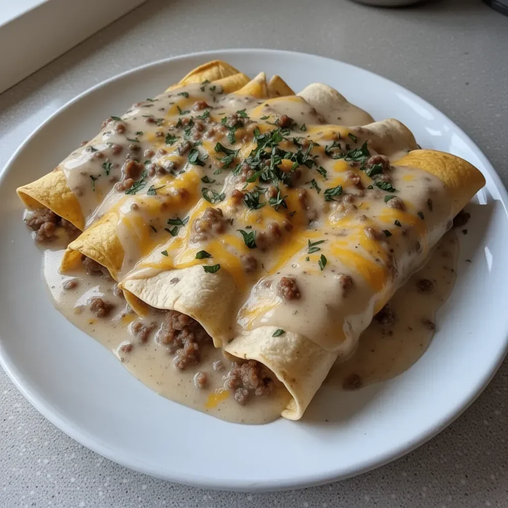 Delicious breakfast enchiladas topped with creamy sausage gravy