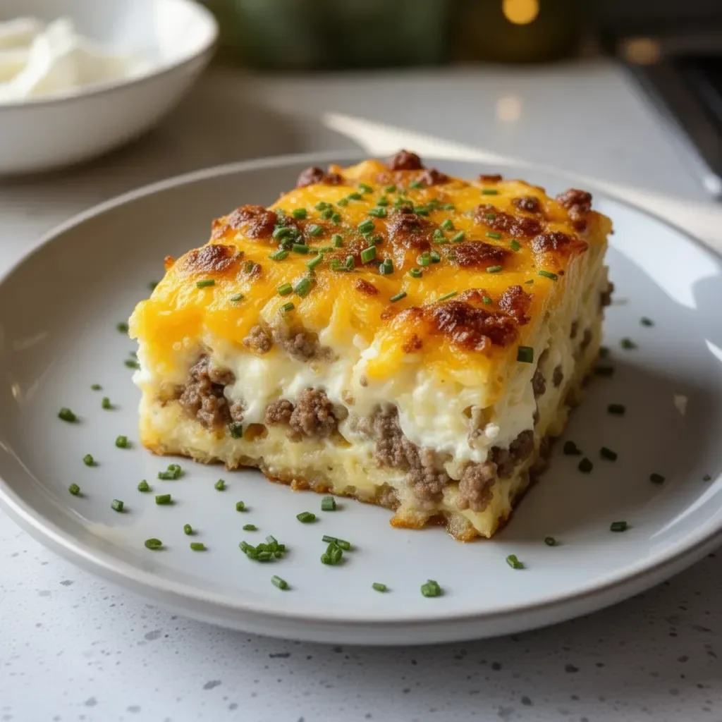 Easy beef sausage casserole with eggs and cream cheese for brunch