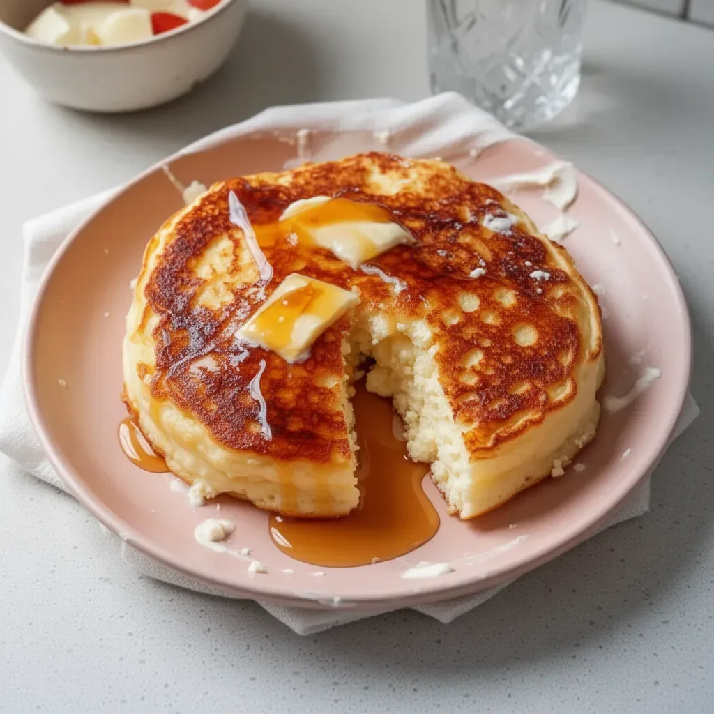 Delicious easy cottage cheese pancake for one served on a plate