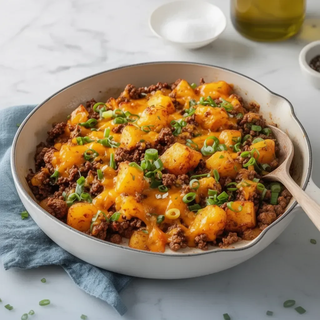One-pan ground beef and potatoes dish served with fresh herbs.