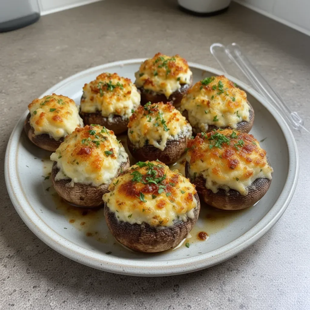 Delicious easy stuffed mushrooms garnished and ready to serve