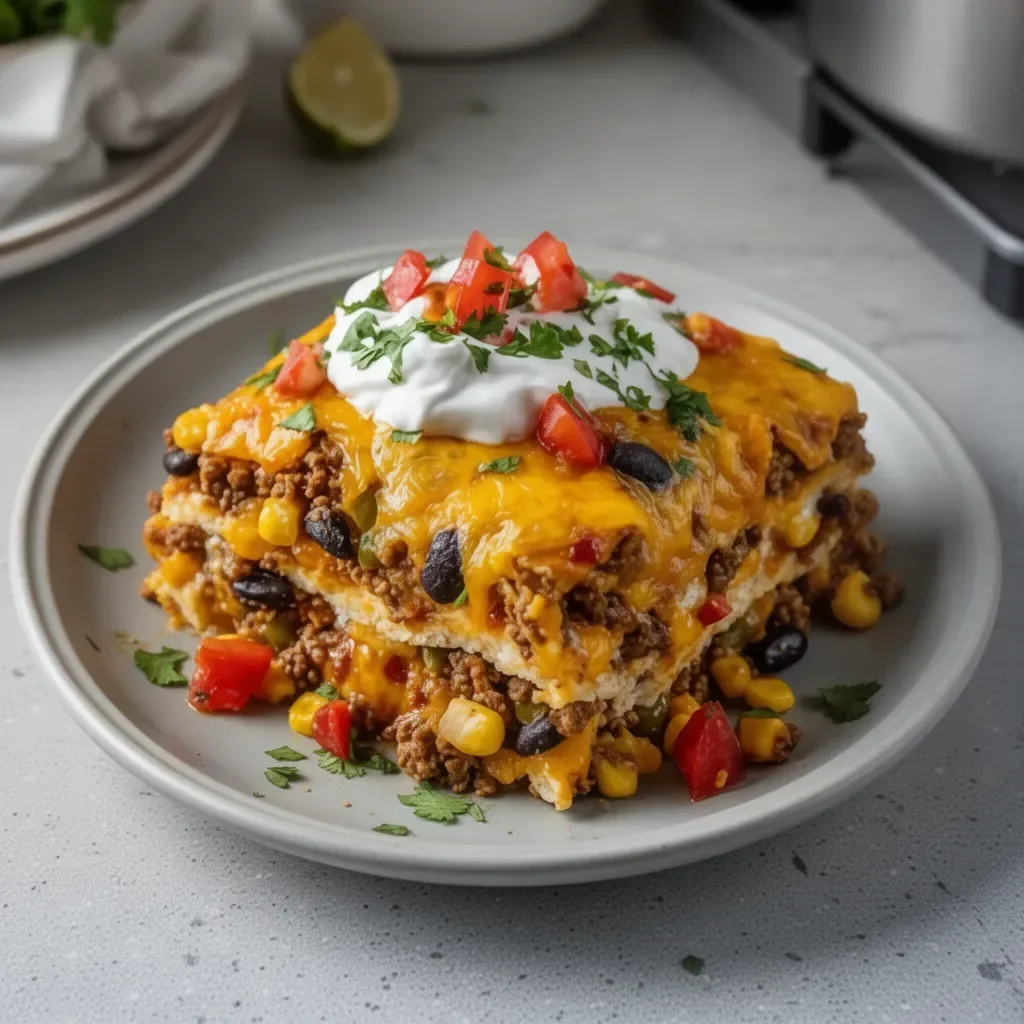Delicious taco casserole dish with toppings ready for dinner