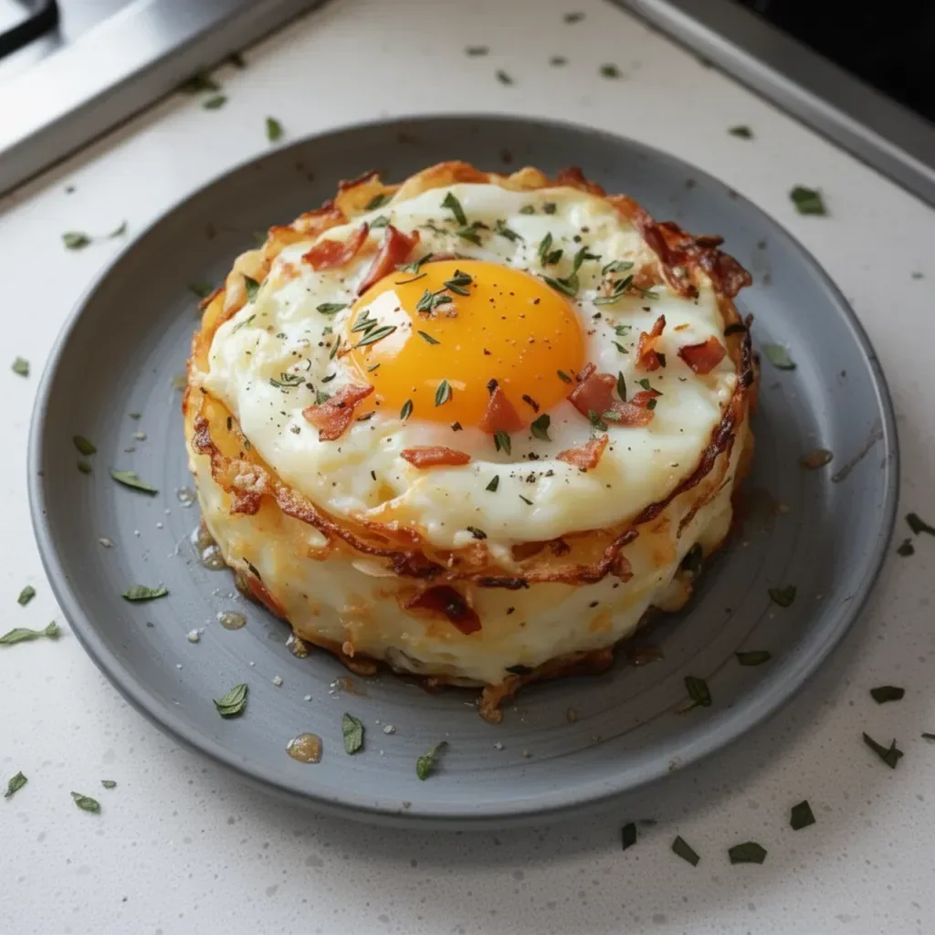 Elegant Eggs Napoleon dish featuring poached eggs, hollandaise sauce, and layers of flavor.