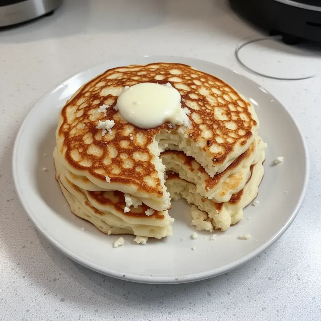 Flourless cottage cheese pancakes stacked with fresh fruits and syrup