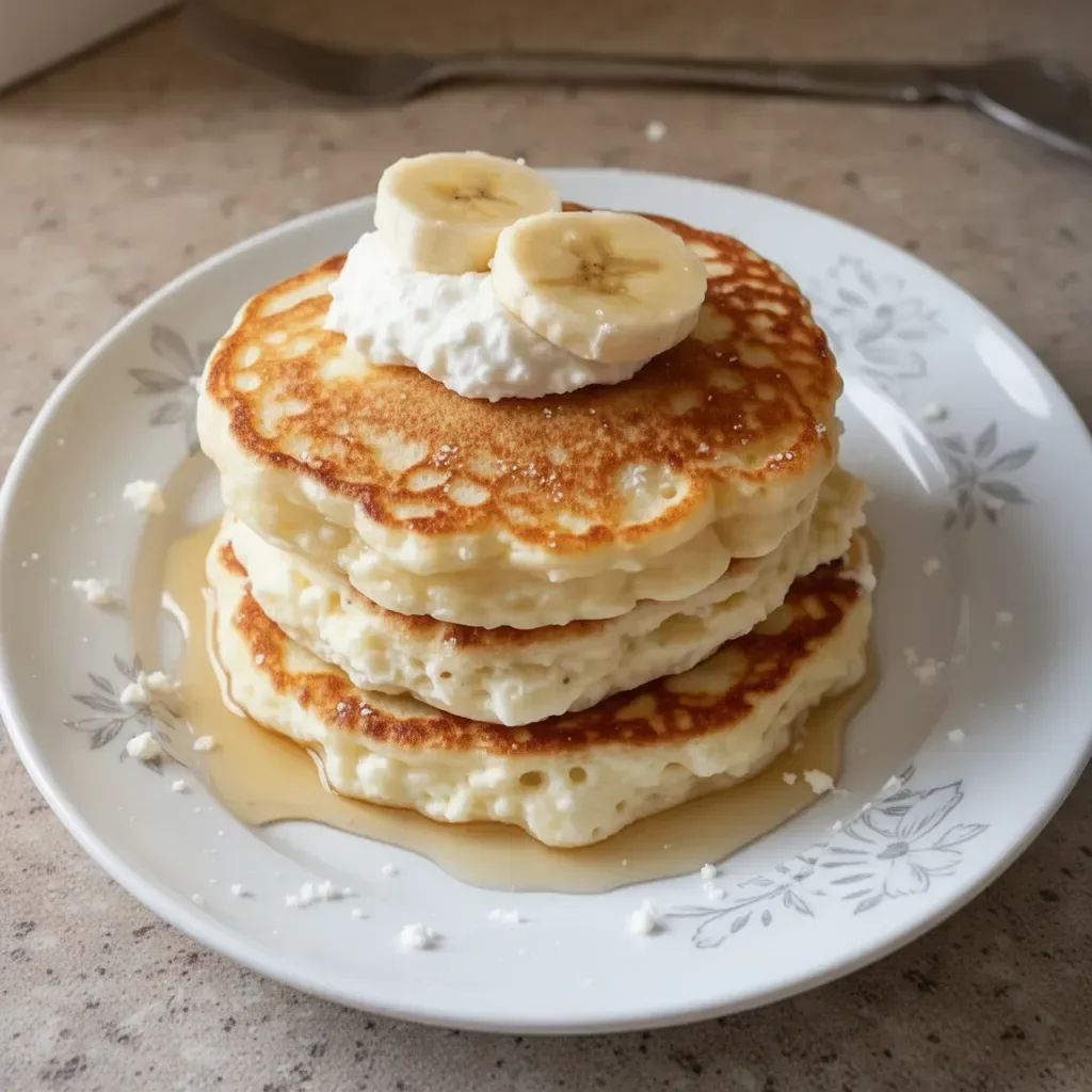 Delicious fluffy banana pancakes topped with syrup and bananas