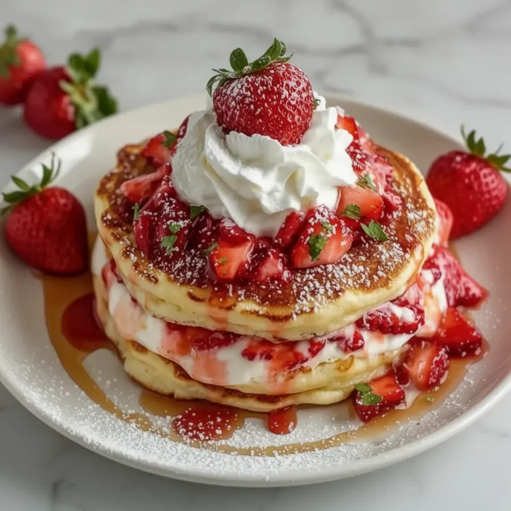 Fluffy strawberry cheesecake pancakes topped with fresh strawberries and whipped cream.