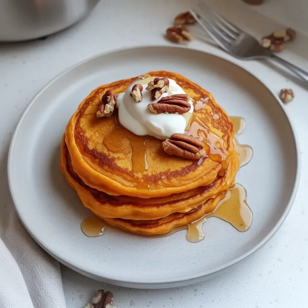 Fluffy sweet potato pancakes topped with syrup and fresh berries