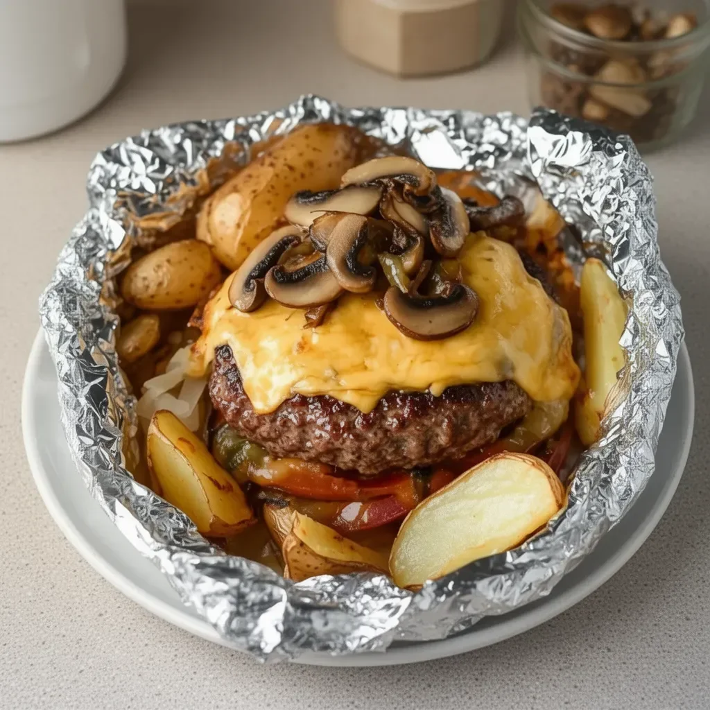 Foil packet burgers with mushrooms and Swiss cheese cooked on the grill