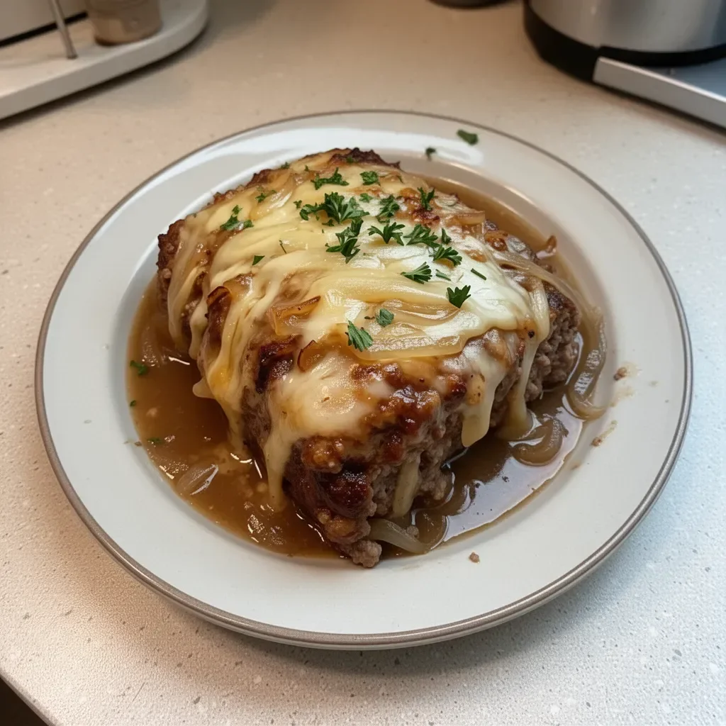 Delicious French onion meatloaf topped with melted cheese and caramelized onions