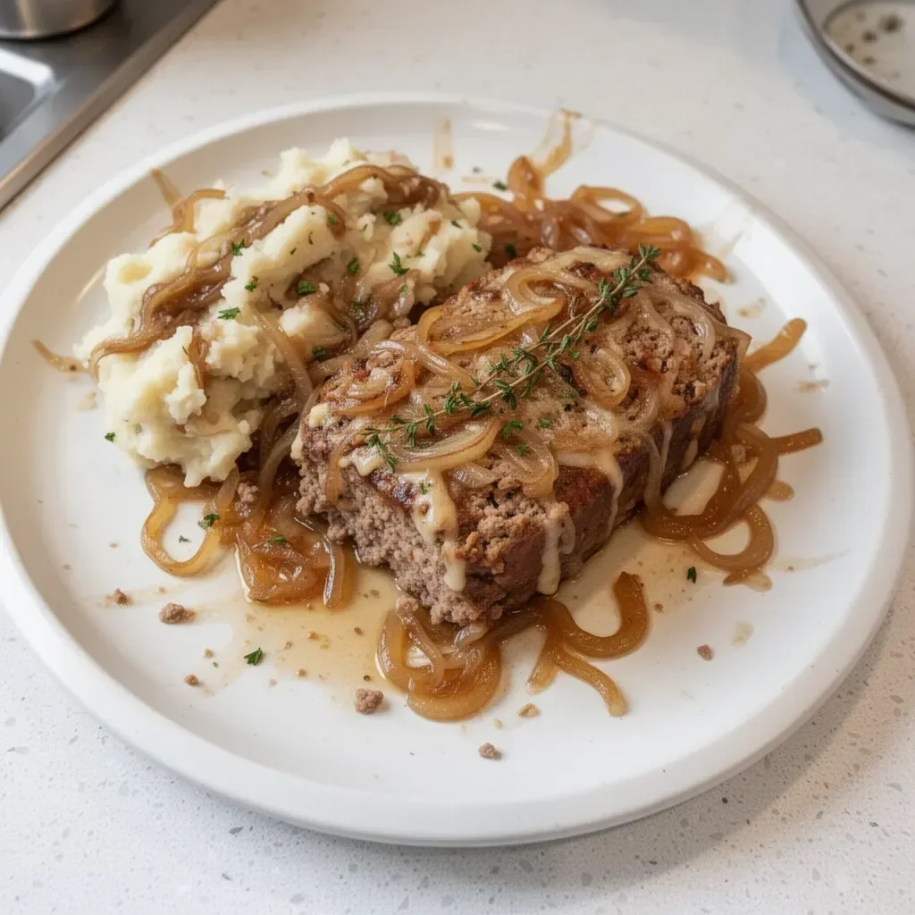 Delicious French Onion Meatloaf topped with caramelized onions and cheese