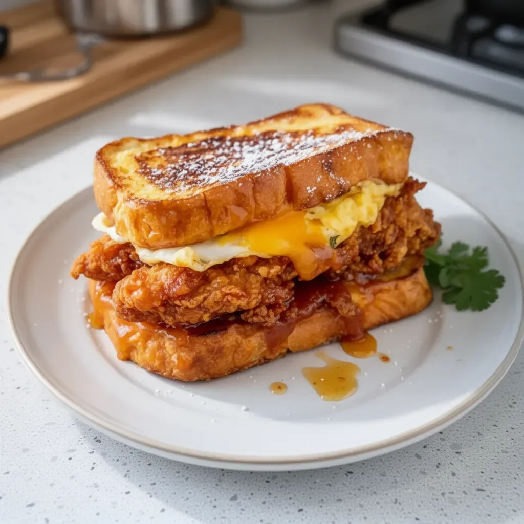Delicious French Toast Fried Chicken Sandwich with syrup and toppings
