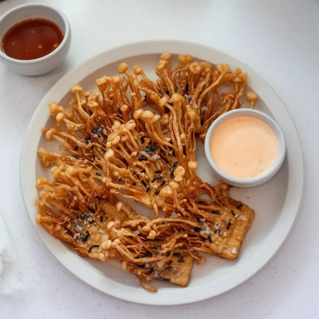 Crispy Fried Enoki Mushrooms served on a plate