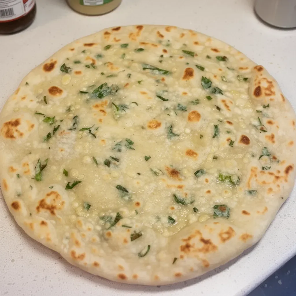 Delicious garlic flatbread made with liquid batter, no knead or dough required.