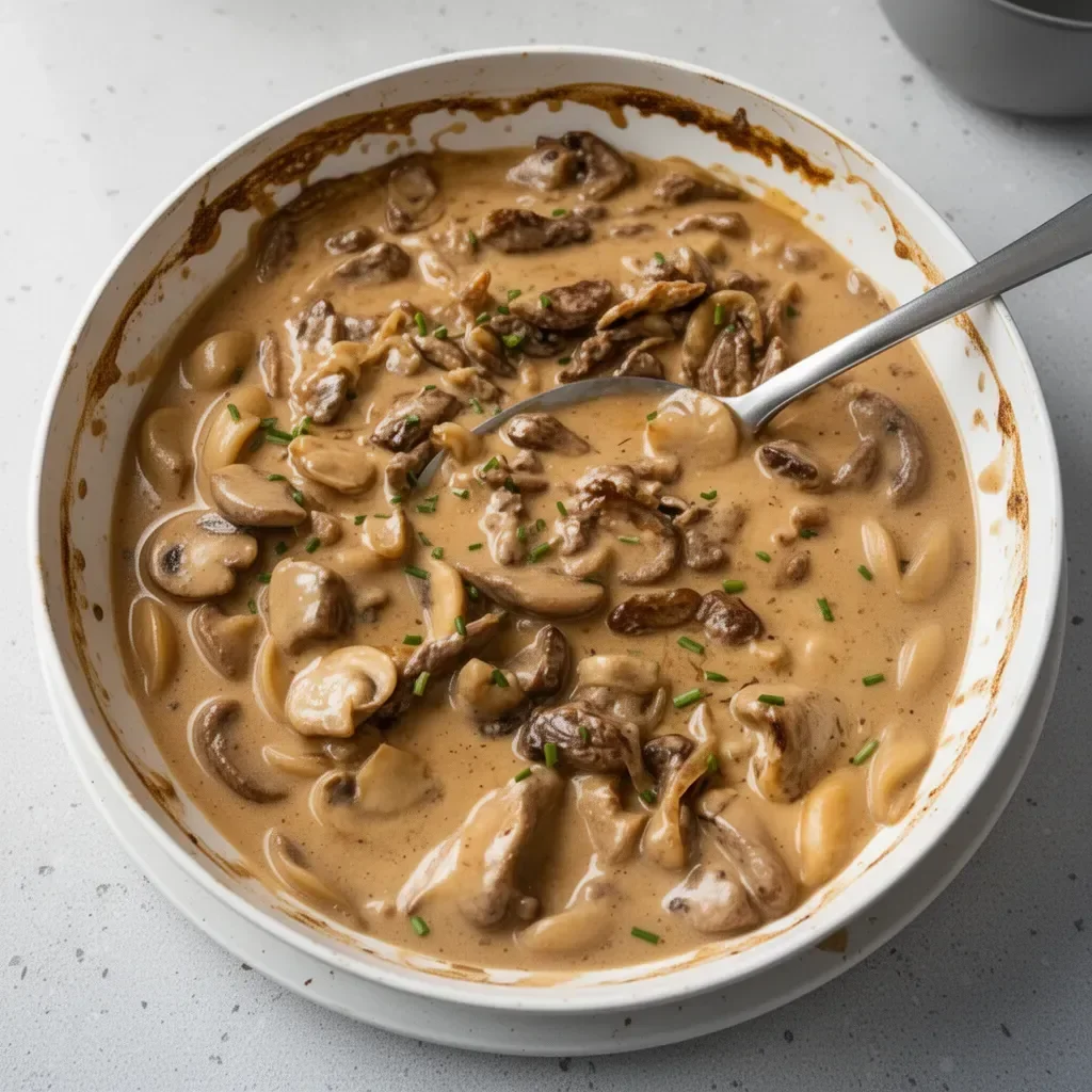 Delicious Gordon Ramsay Beef Stroganoff served with noodles and garnished.