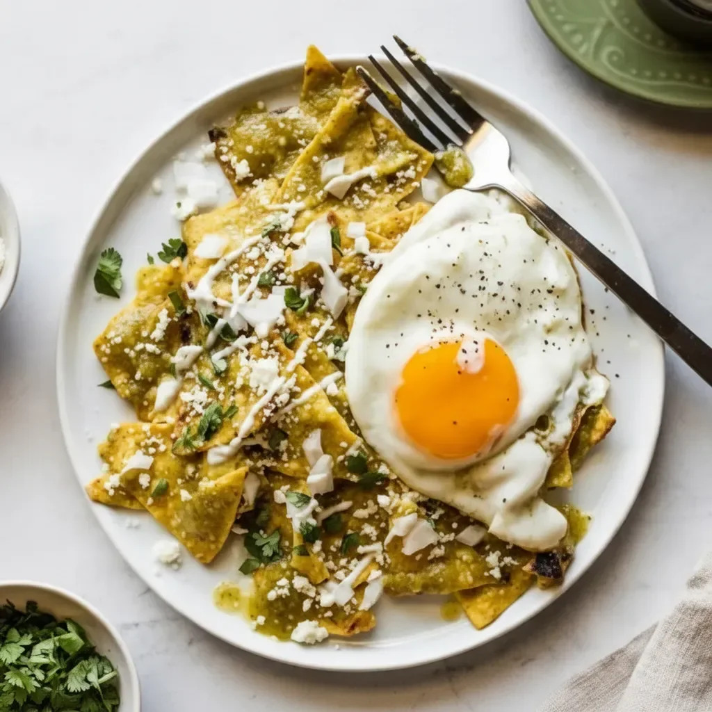 Delicious Green Chilaquiles topped with fresh ingredients and served in a bowl