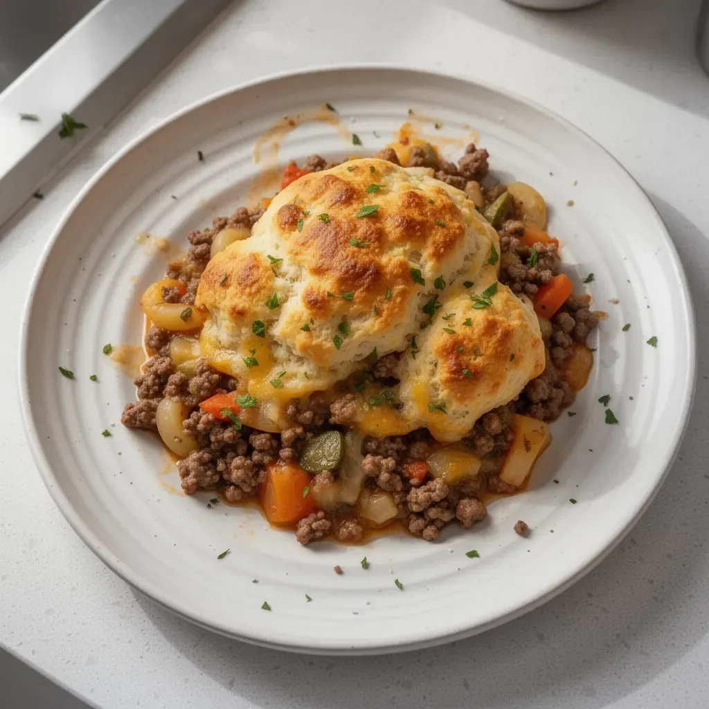 Ground beef and biscuit bake dish topped with golden biscuits.