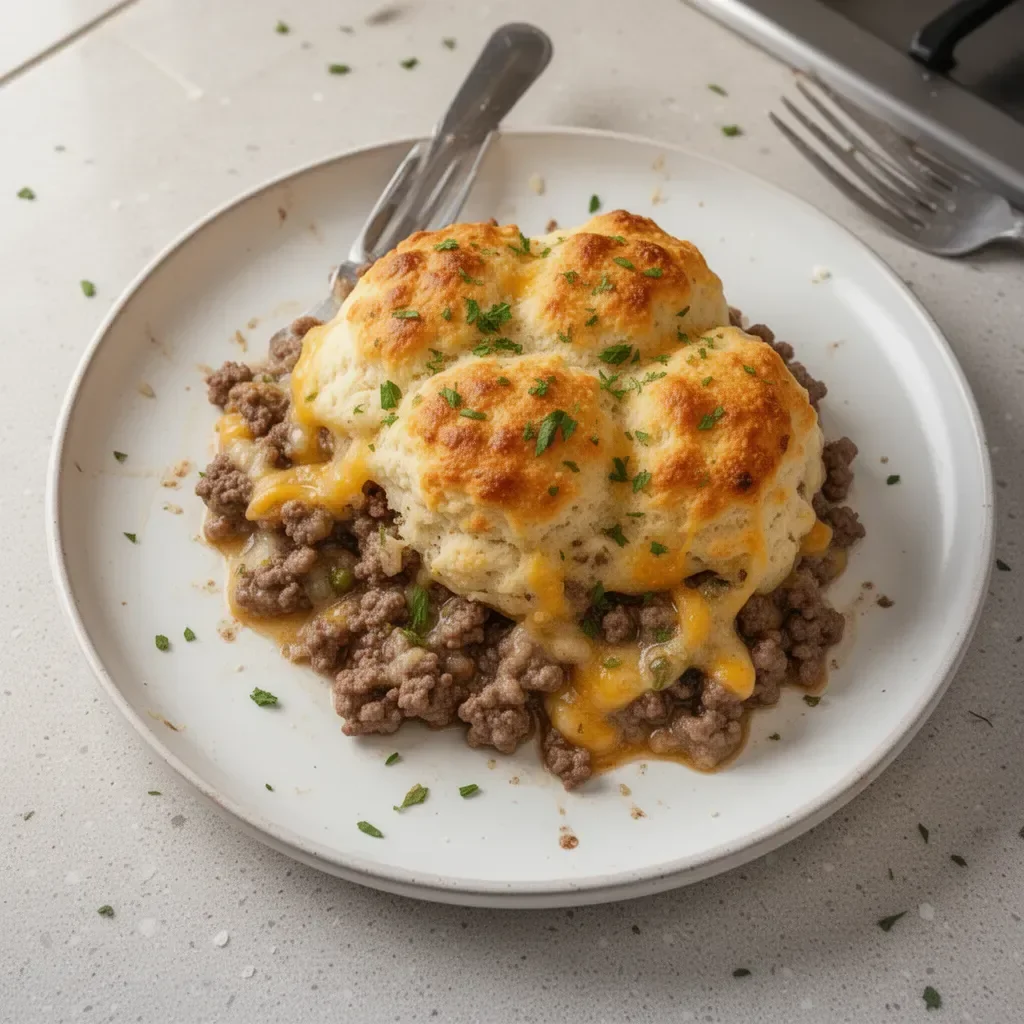 Ground beef and biscuit bake served in a casserole dish, topped with melted cheese.