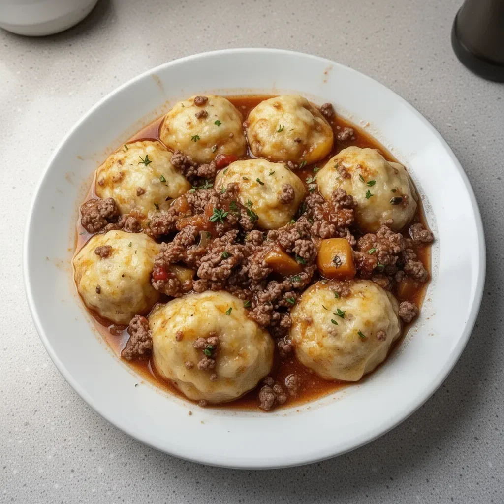 A plate of ground beef and dumplings with savory gravy
